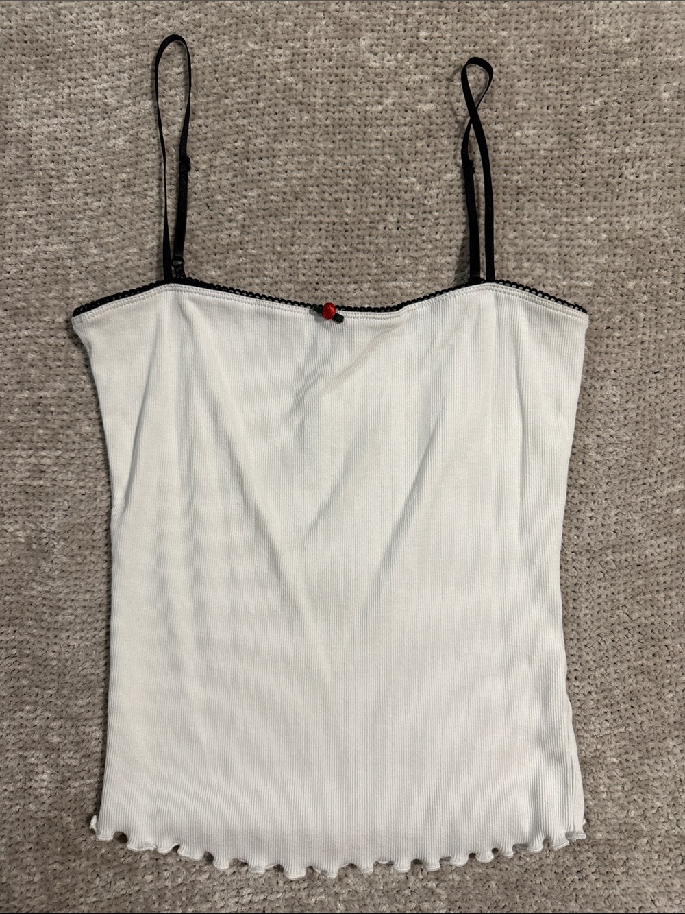 Zara White Ribbed Camisole with Black Trim and Red Rose Accent